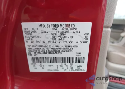 2011 Ford Escape Xlt из США, поврежденный, VIN 1FMCU9D7XBKA78219